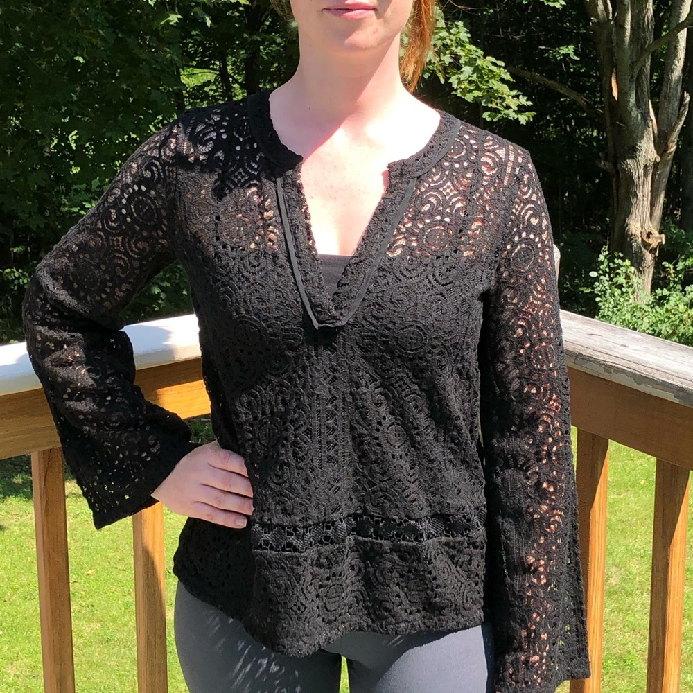 LOFT Black Lace Tunic Flared Sleeve Size Small